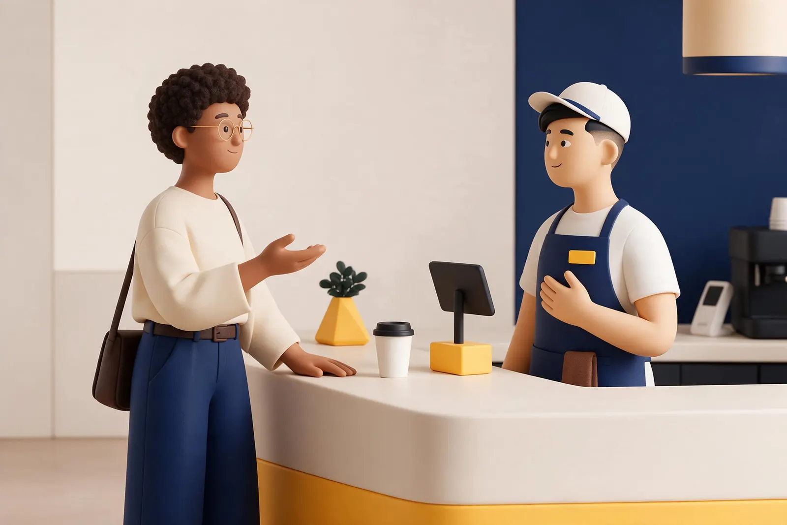 A customer at a cafe counter calmly but firmly pointing out a wrong order to the barista