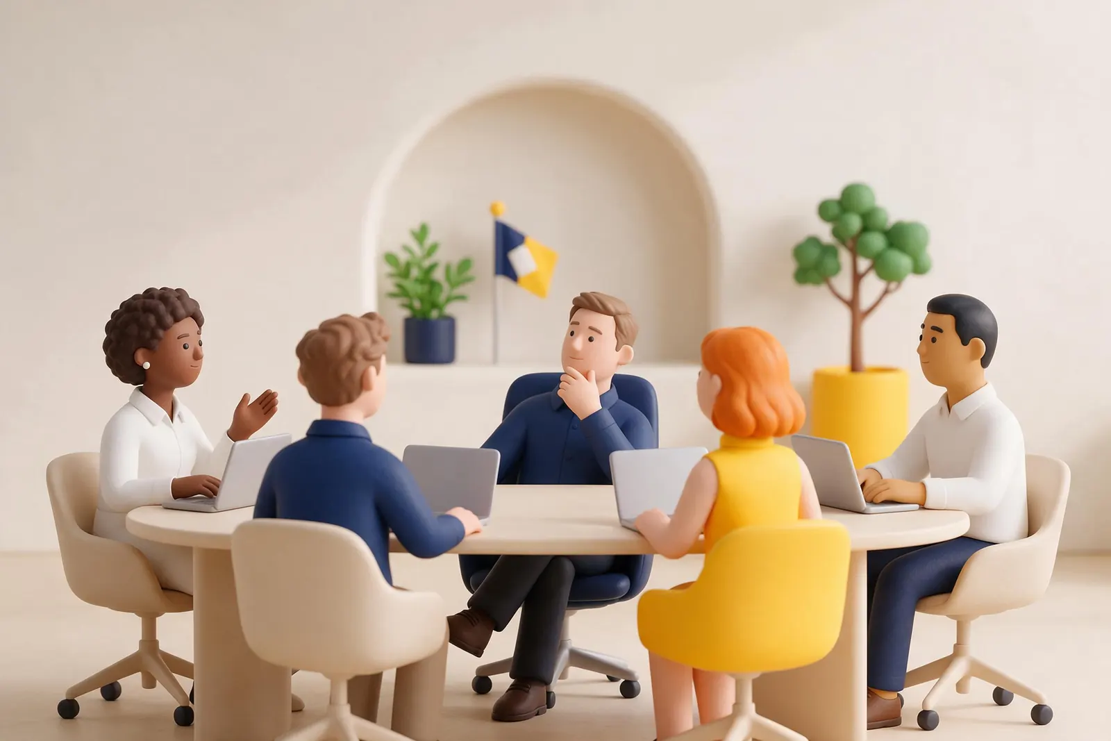 A colleague calmly raising a point in a small meeting while the manager pauses to listen