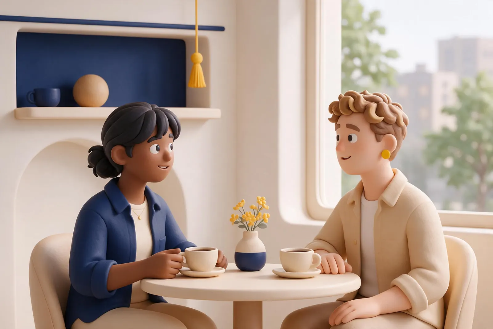 A first date at a small cafe table, two people laughing a little nervously over coffee