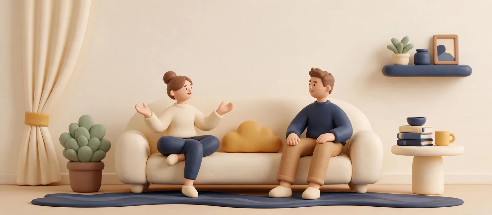 Two people on a sofa, one leaning in to listen as the other starts to relax