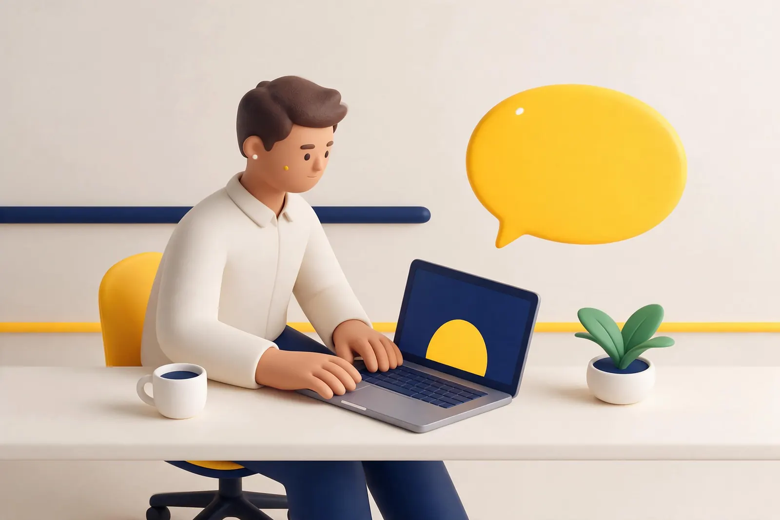 Someone practicing a conversation on a laptop, a speech bubble beside the screen