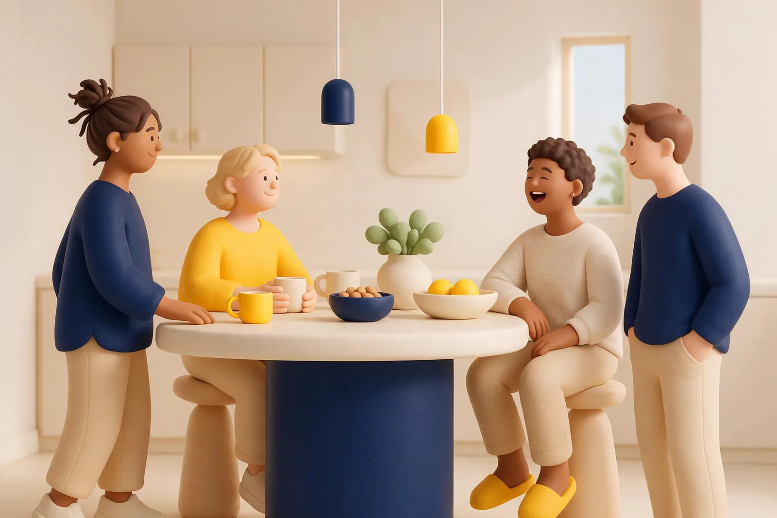 Four friends chatting comfortably around a kitchen island at a house party