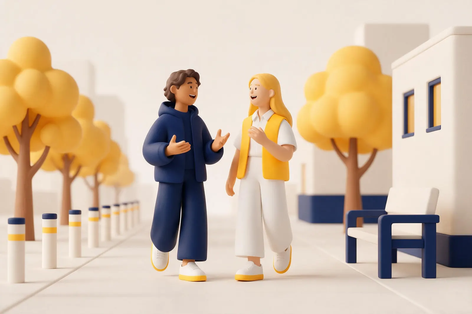 Two people walking down a tree-lined street, one telling a story while the other listens and reacts