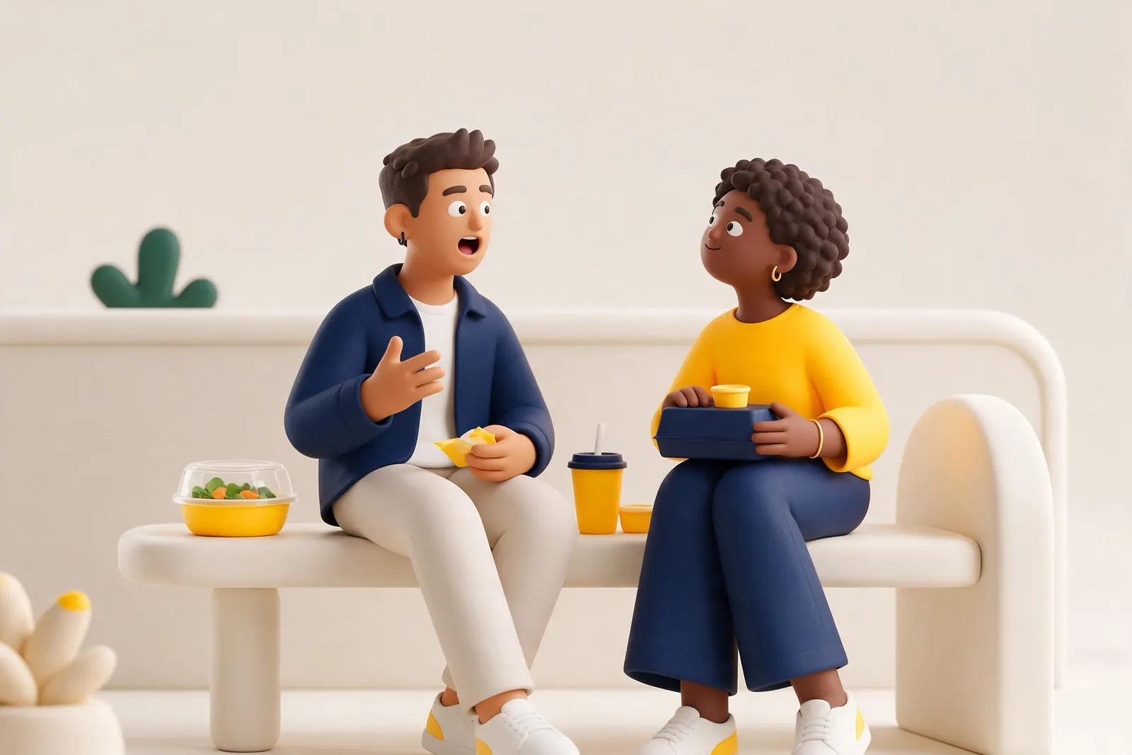 Two friends sharing snacks on a park bench, one listening closely like a good friend does