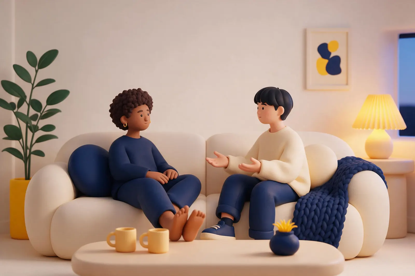 A couple on a sofa facing each other, having a serious but gentle talk about communicating better