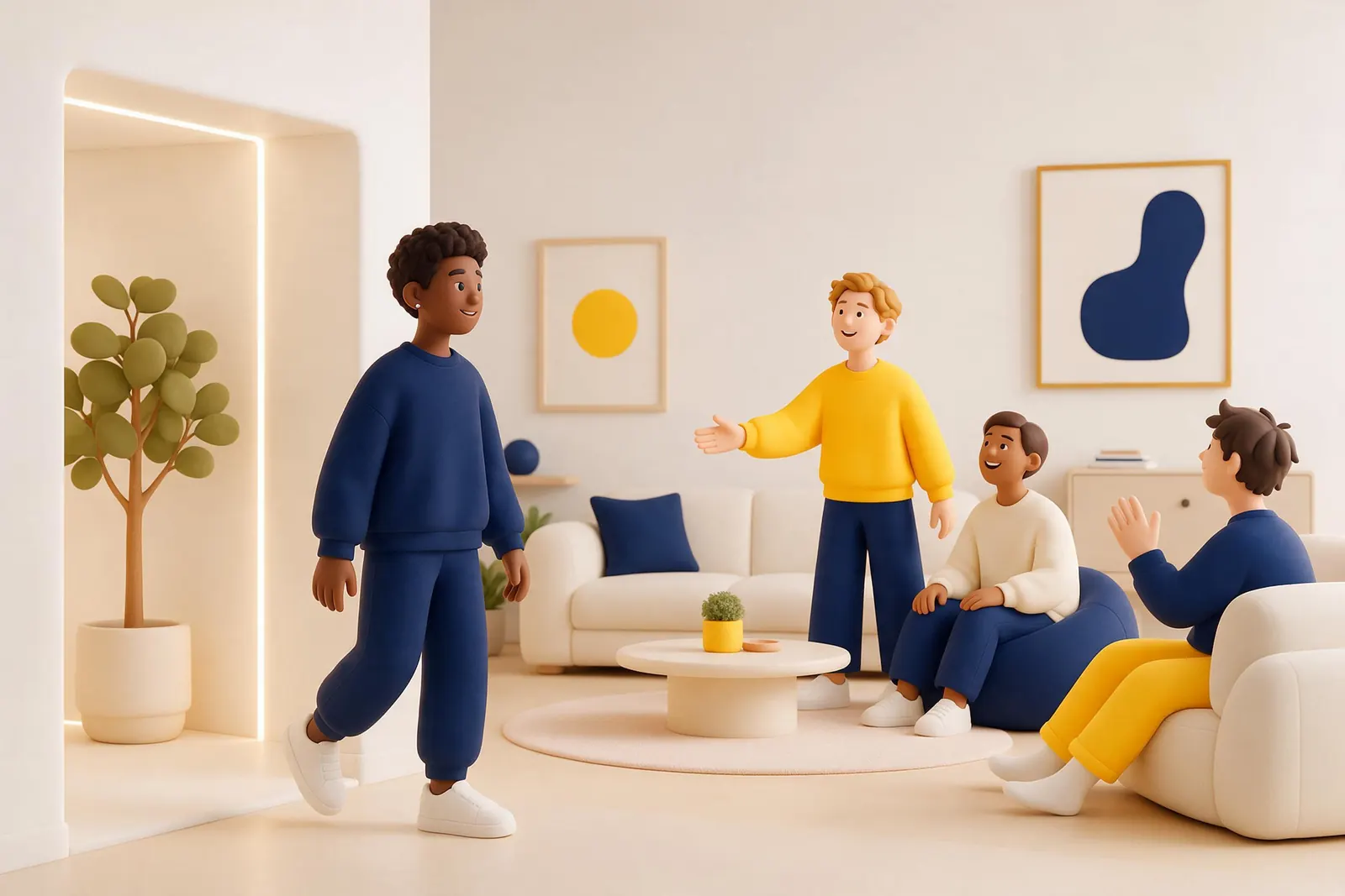 A person stepping into a lively living-room gathering, standing a bit taller as two guests turn to welcome them