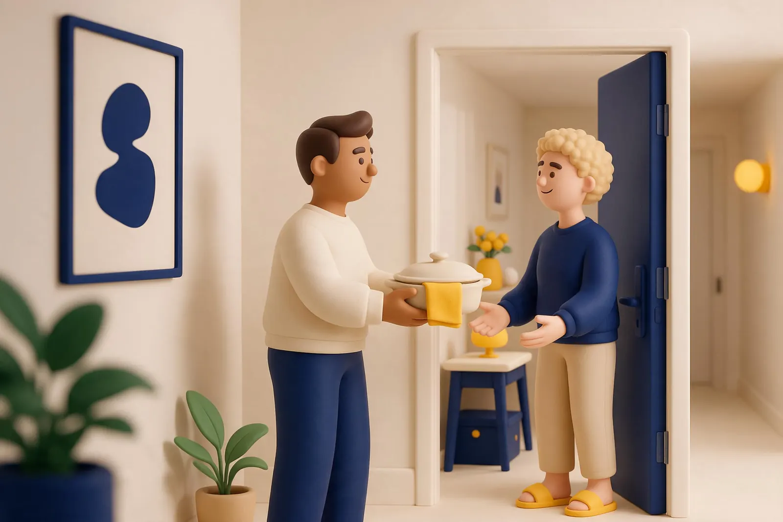 A neighbor handing back a borrowed dish and saying thanks, the other person responding warmly