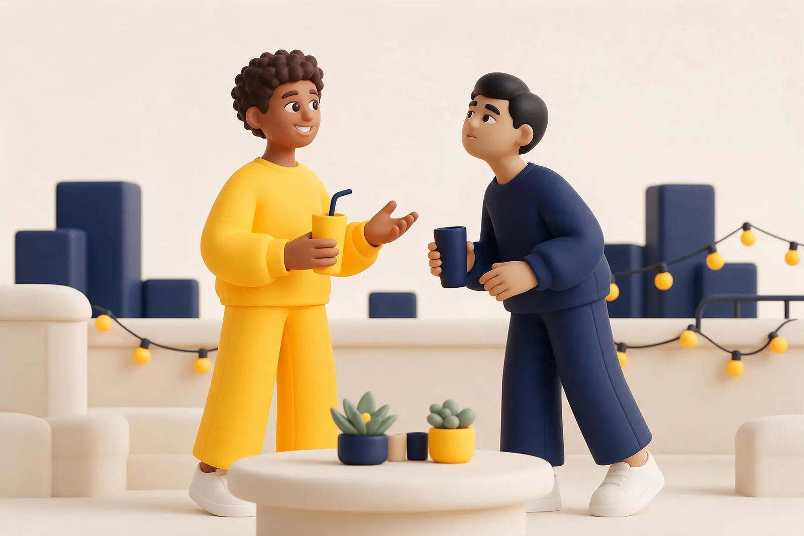Two adults at a rooftop party starting a conversation, one asking a question with a smile
