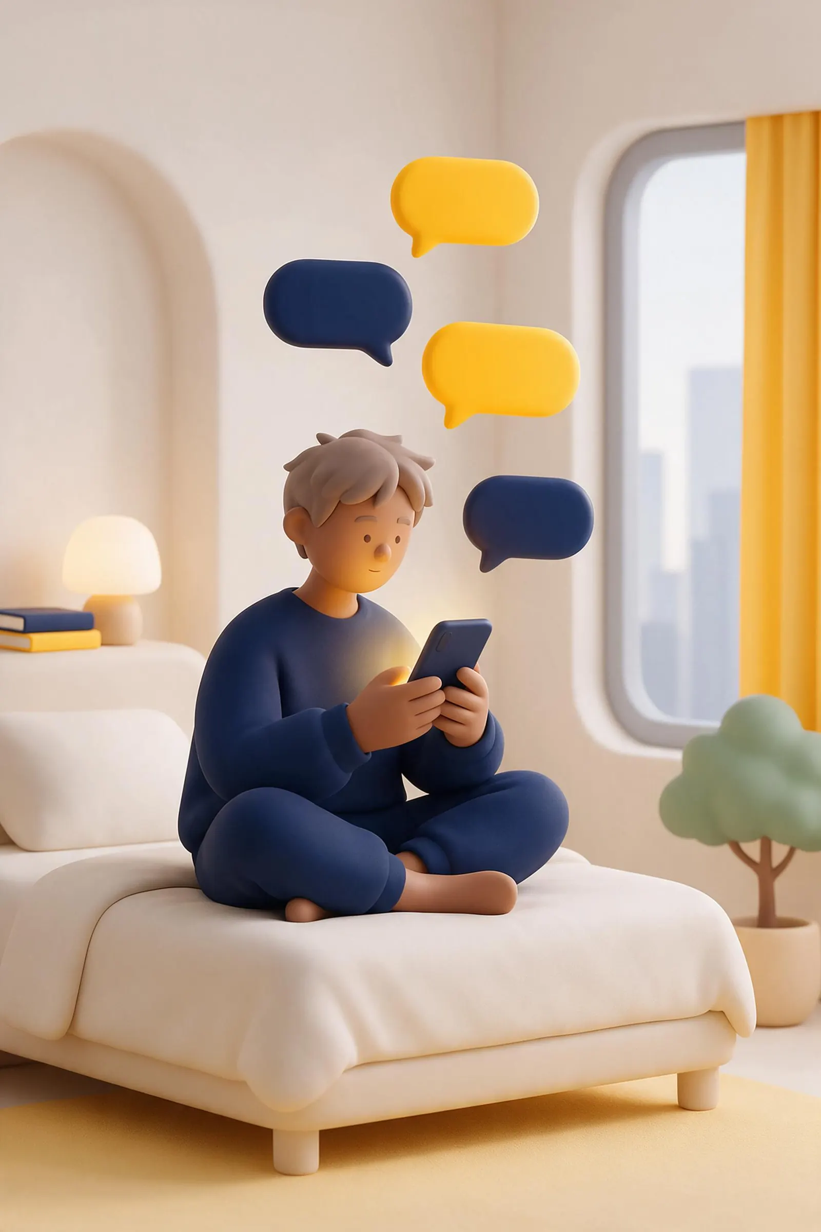 A person sitting on a bed looking at their phone, thinking about how to text back