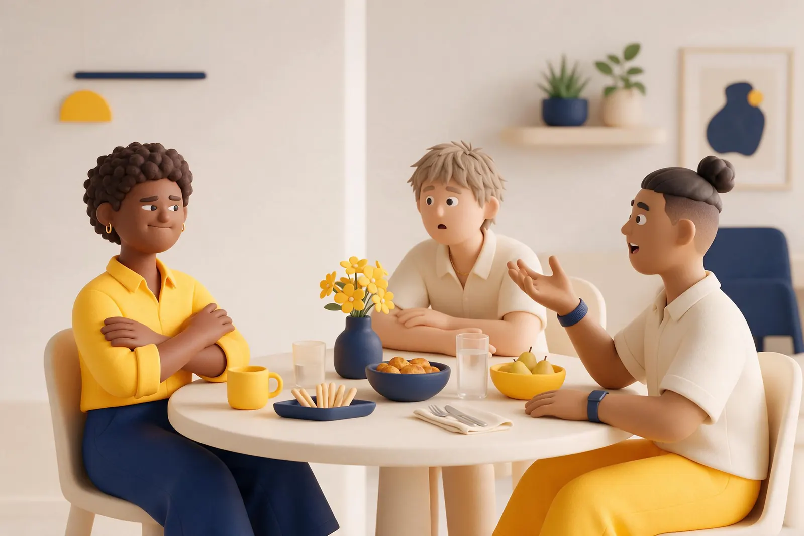 At a dinner table, one person notices a friend’s crossed arms and tight smile, a social cue the talker misses