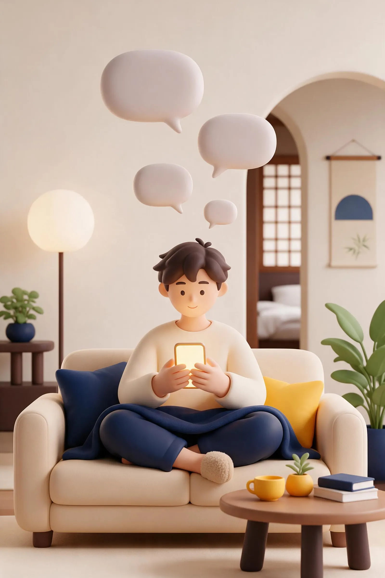 一个人盘腿坐在沙发上看着手机，琢磨这条消息该怎么回
