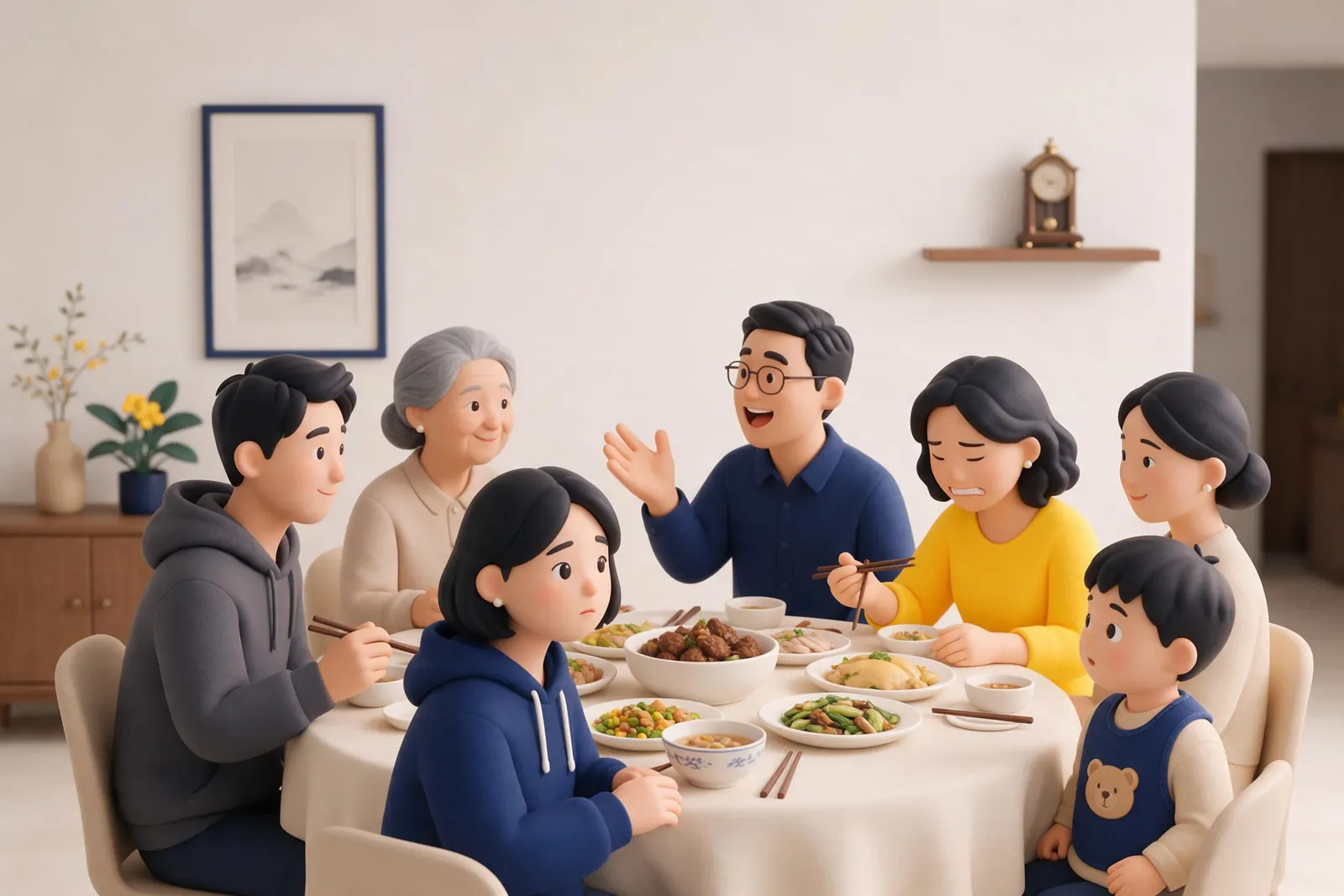 家庭聚餐的圆桌上，年轻人注意到阿姨笑容僵了、筷子停了，叔叔还在继续说